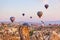 Hot air balloon flying over Cappadocia Turkey