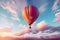 A hot air balloon gracefully floats above a cotton candy sky