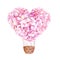 Hot air balloon with hydrangea pink flowers in heart shape. Watercolor illustration. Romantic Valentines Day card
