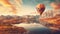 Hot air balloon moving over Lake and mountain ranges