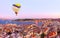 Hot air balloon over Istanbul sunset