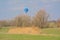 Hot air balloon over meadows with reed bare willow trees in the flemish countryside