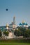 Hot air balloon over the orthodox monastery. Sergiev Posad, Russ