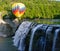 Hot air balloon over waterfall