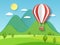 Hot air balloon paper. Origami art red flying baloon on background of mountain and trees cut vector illustration