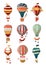 Hot air balloon retro icons with pattern, gondola and flags for Bon Voyage or open air balloon festival.