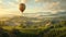 a hot air balloon ride at dawn, as it glides gracefully over a picturesque landscape of rolling hills and vineyards.