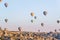 Hot air balloon in sky at sunrise in Goreme Cappadocia
