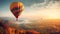 Hot air balloon soaring above beautiful landscape.