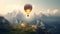 Hot air balloon soaring above beautiful landscape.