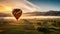 Hot Air Balloon Soars amidst Majestic Mountains and Vineyards at Sunrise. Generative AI