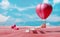 Hot air balloon and stair marble with heart shaped and surreal red ocean landscape in blue sky for Valentine`s Day background in