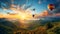 Hot air balloons above the mountains. Colorful hot air balloons flying over mountain. panorama