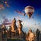 Hot air balloons flies in sunrise sky in Cappadocia, Turkey