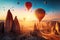 hot air balloons fly in sky in sunrise. Cappadocia, Turkey. generative AI