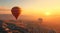hot air balloons flying above high hills, plateau, sunrise balloon