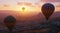 hot air balloons flying above high hills, plateau, sunrise balloon