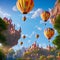 Hot air balloons flying colorful background castles in distance