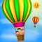 Hot air balloons flying with happy kids at daytime