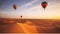 Hot air balloons flying over beautiful sand dunes sunset in Red Sand Dunes. Generative AI