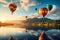 Hot Air Balloons Flying Over Lake Sea Water with Hills Nature View at Sunrise