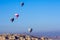 Hot air balloons flying over the lunar landscape of Goreme in Cappadocia, Turkey