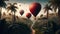 Hot air balloons flying over tropical jungle. 3D Rendering.