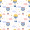 Hot air balloons seamless pattern. Retro aerial vehicles, inflatable transport, travel and romantic flight, clouds and