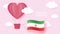 Hot air balloons in shape of heart flying in clouds with national flag of Iran. Paper art and cut, origami style with love to Iran