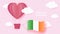 Hot air balloons in shape of heart flying in clouds with national flag of Ireland. Paper art and cut, origami style with love to
