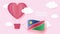 Hot air balloons in shape of heart flying in clouds with national flag of Namibia. Paper art and cut, origami style with love to