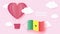 Hot air balloons in shape of heart flying in clouds with national flag of Senegal. Paper art and cut, origami style with love to