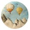 Hot air balloons in sky and mountains watercolor illustration. Flight, freedom, airship and adventure.