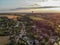 Hot air balloons in the sky of Walloon over beautiful farmland landscape