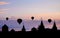 Hot air balloons on sunset. Against the backdrop of the castle.