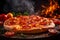 Hot big pepperoni pizza with steam, neural network generated photorealistic image