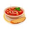 Hot, borscht, tomato soup, kharcho, in a plate, with baguette, with bread, vector, spoon.