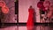 Hot brunette mic. Red dress sing song microphone close up elegant move podium.