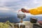 Hot camping teacup. Camping travel teapot and camping teacups in Carpathian mountains