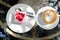 Hot cappuccino mocha latte coffee & strawberry cream cheesecake