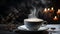 A hot cappuccino on a wooden table, steam rising elegantly generated by AI