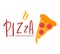 Hot cheesy pepperoni pizza slice with steam, next to stylized text Pizza . Delicious fast food concept. Tasty Italian