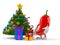Hot chili pepper character with christmas tree and gifts