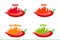 Hot, Chilli pepper level labels, burning red peppers sauce package icon.