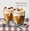 Hot chocolate beverage Vector realistic. Winter drinks menu retro backgrounds
