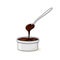 Hot chocolate bowl with a spoon on a white isolated background. Vector cartoon illustration of brown sauce.