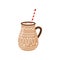 Hot chocolate in brown ceramic mug with drinking straw. Delicious Christmas beverage. Tasty drink. Flat vector icon