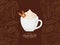 Hot chocolate calligraphy lettering. Creamy drink cup on dark brown background with cocoa beans sketch. Vector
