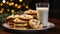 Hot Chocolate Chip Cookies and Milk on a Small Plate Waiting for Santa Claus by Tree on Christmas Eve. Generative AI