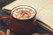 Hot chocolate cocoa drink backround. Cocoa drink on a dark background with cinnamon and whipping. Winter hot drinks